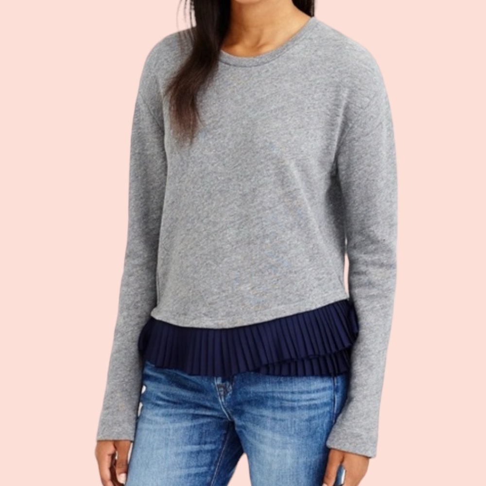 J. Crew Grey/Navy Blue Pleated Hem French Terry Sweatshirt M
